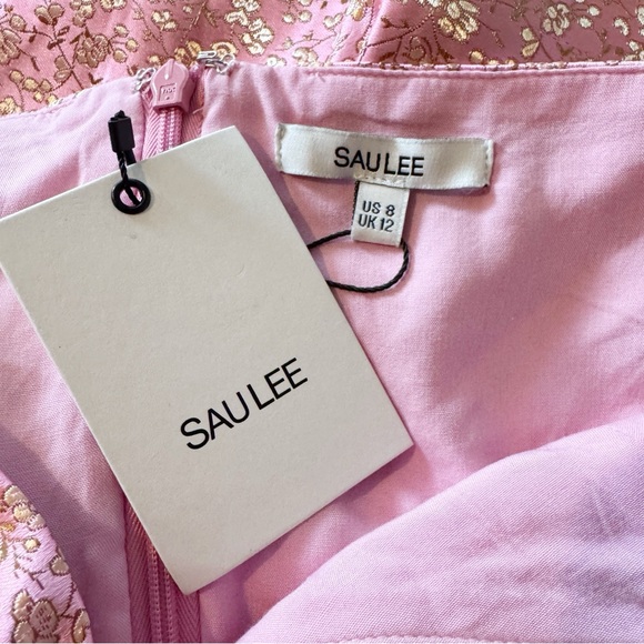 SAU LEE Arabella Mini Dress in Candy Pink Jacquard Floral Bow Puff Sleeve US 8 - Picture 8 of 9